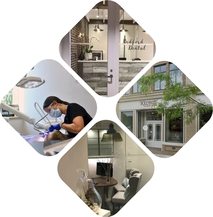 four panel collage showing bedford dental centres reception desk dentist examining a patient clinic consultation room and building exterior